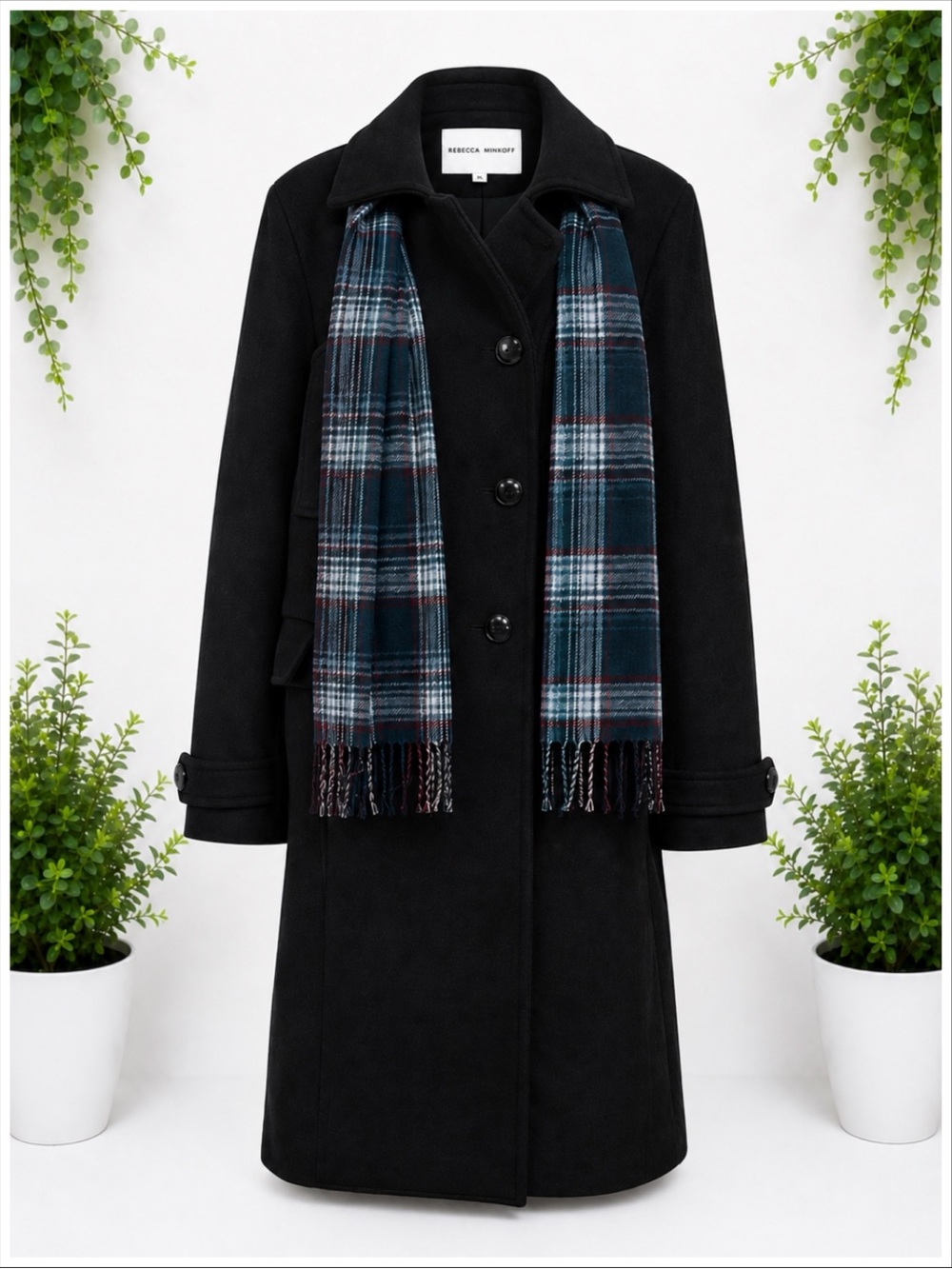 Rebecca Minkoff Black Double-Breasted Coat w/Plaid Scarf – Size XL ~ Item #PP299
